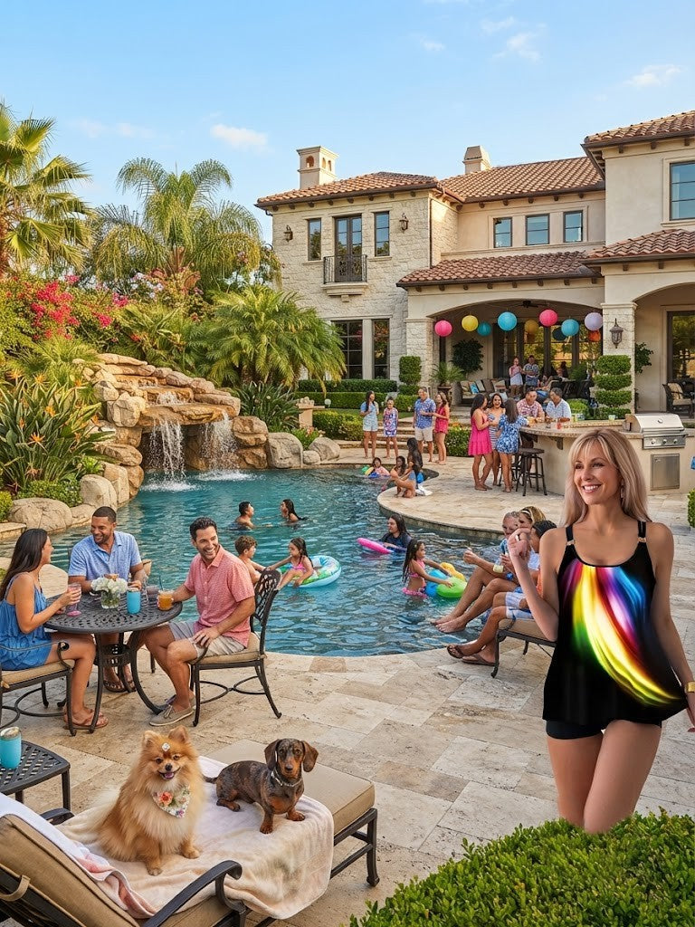 Black tankini set with rainbow wave tank top and colorful floral swim shorts