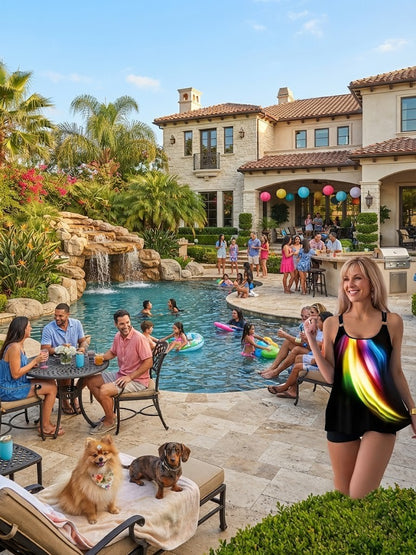 Black tankini set with rainbow wave tank top and colorful floral swim shorts
