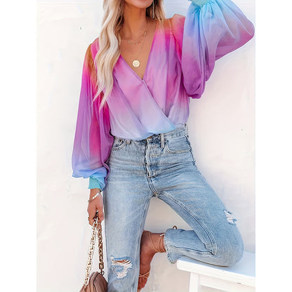 Womens V Neck Gradient Color Long Sleeve Tops 2025 Summer Casual Loose Puff Sleeve Chiffon Shirts