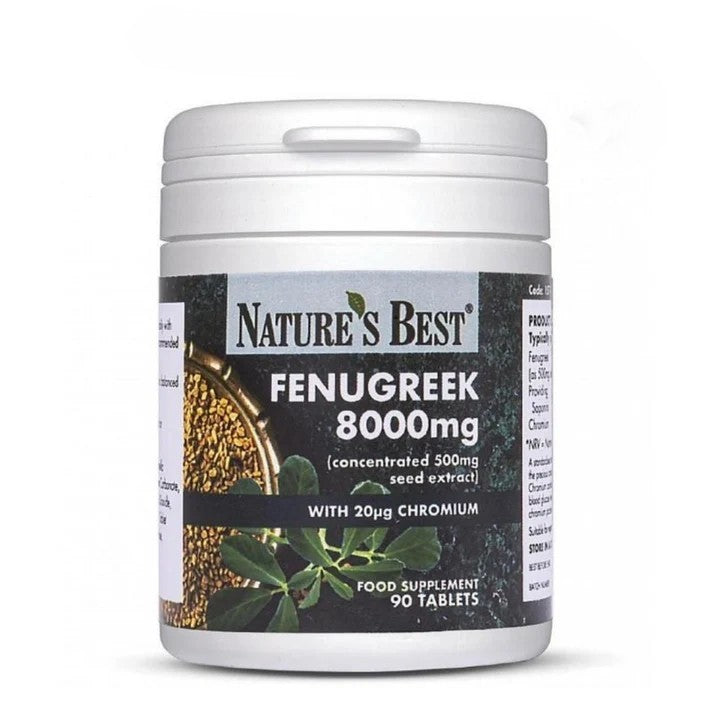 Fenugreek supplement jar with 8000mg label and 90 tablets, white plastic canister
