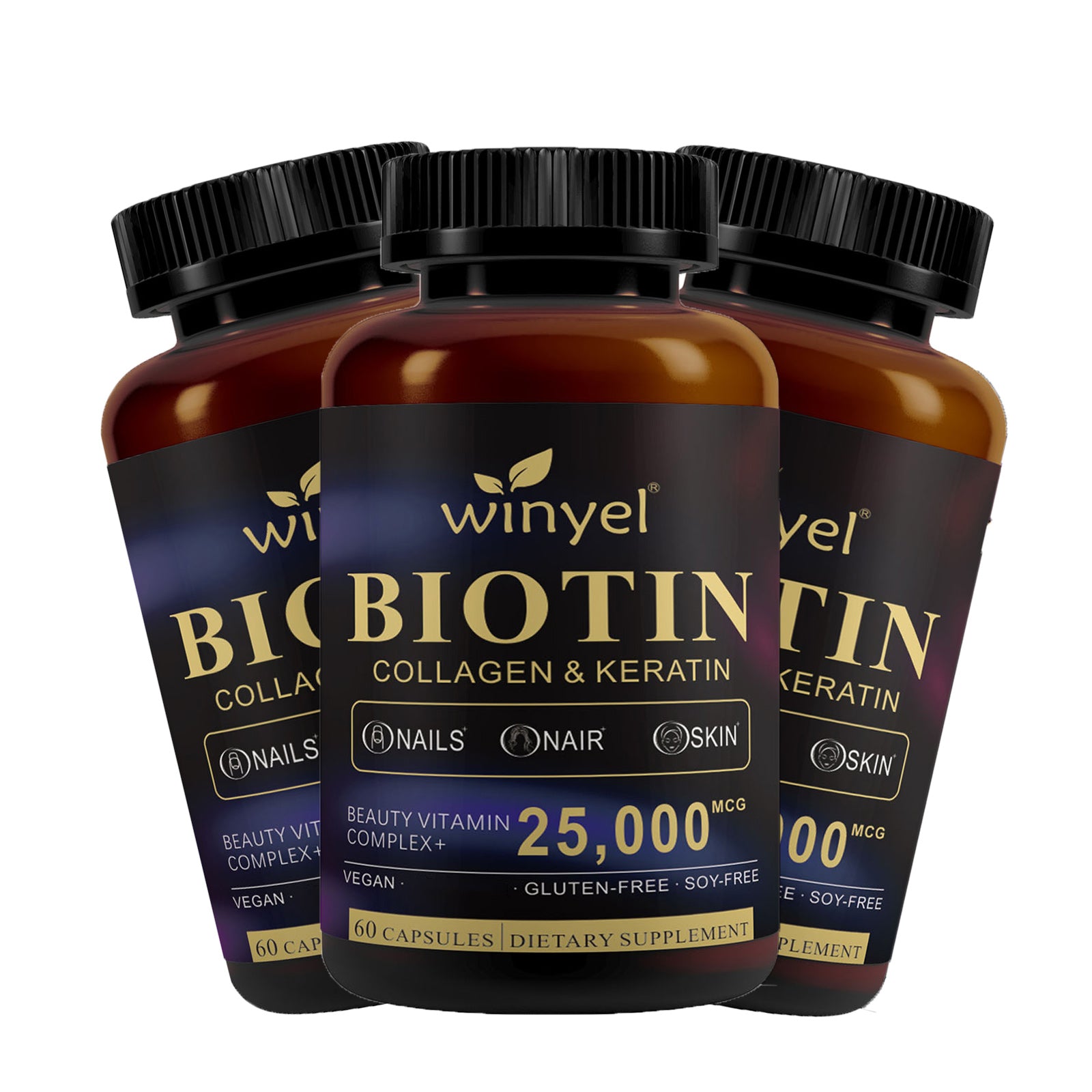 Winyel biotin collagen & keratin supplement bottles stacked, black caps