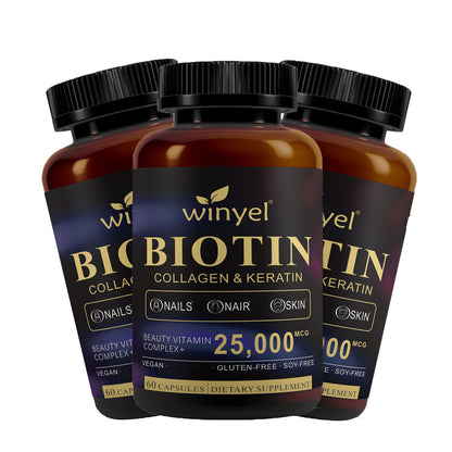 Winyel biotin collagen & keratin supplement bottles stacked, black caps