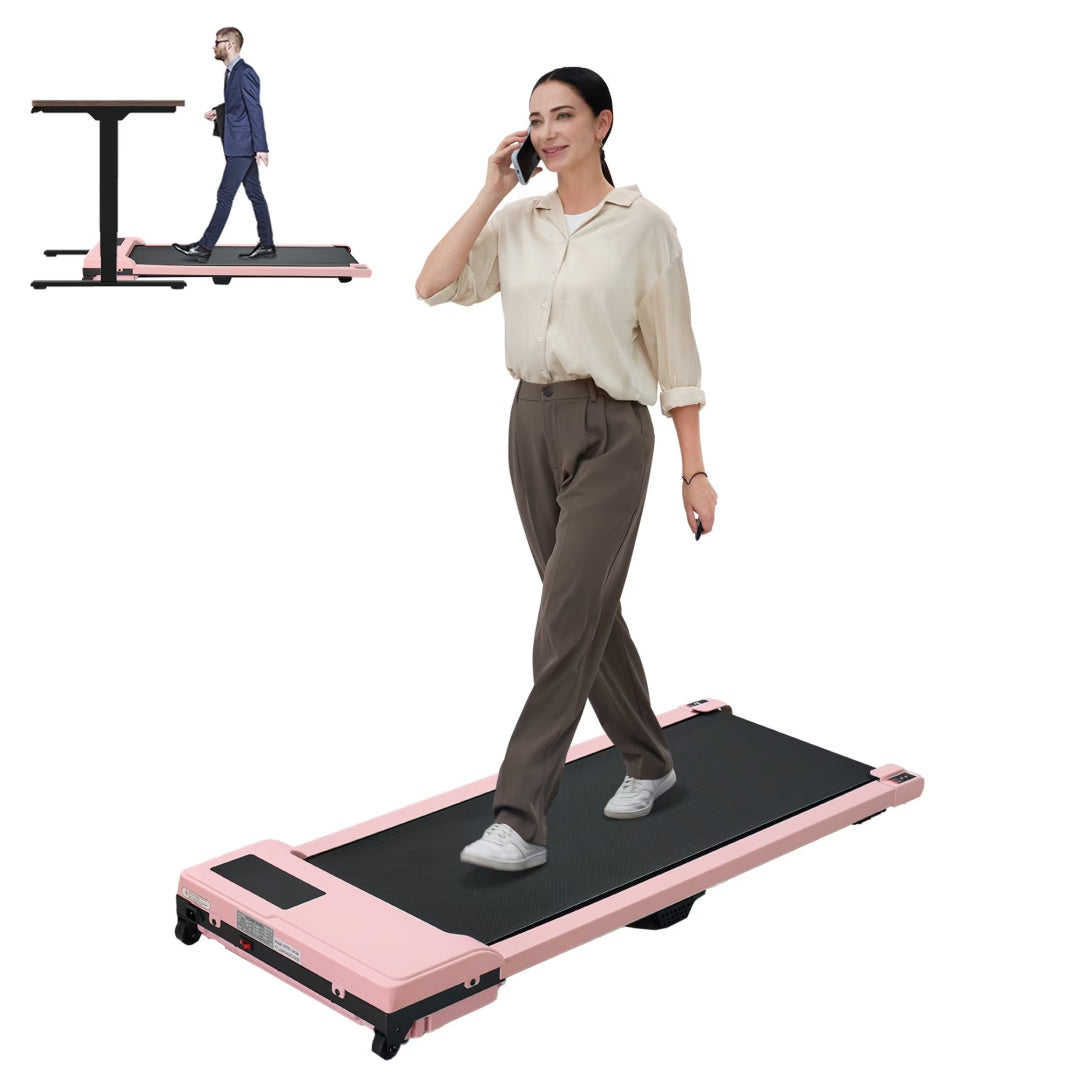 Pink portable walking pad treadmill with black belt and foldable base, shown in use