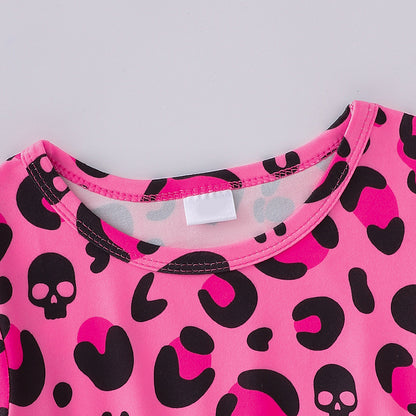 3pcs Toddler Girl's Halloween Skull Ghost Bats Print Stretch Long Sleeve A-line Dresses