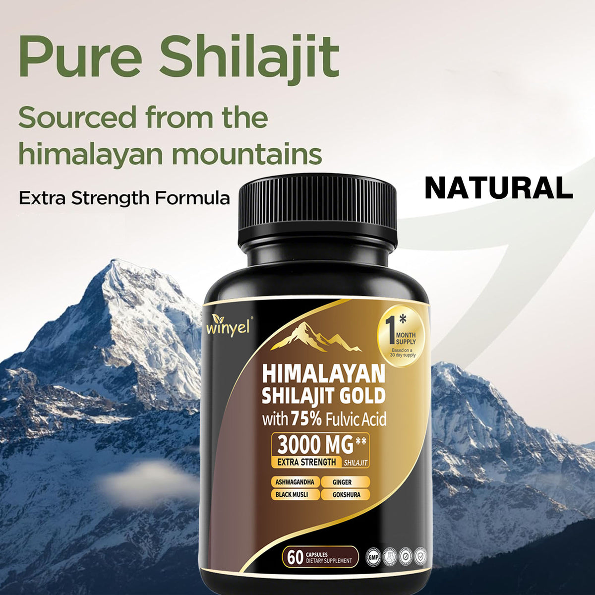 Shilajit Gold supplement bottle, black ribbed cap, gold label on front