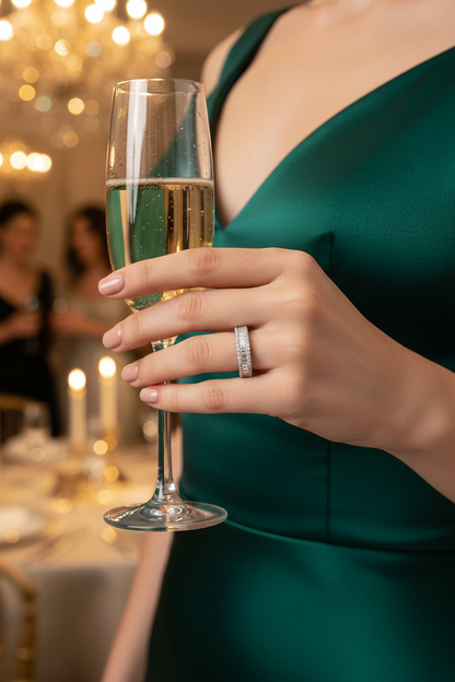 Silver moissanite ring with square cluster and pavé band, worn on finger