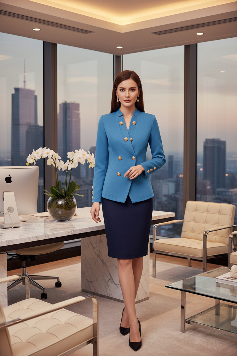 Women’s double-breasted long-sleeve top with button cuffs, blue with gold buttons