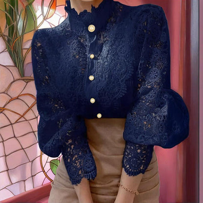 Elegant Women's Vintage Pearl Button Lace Blouse - Puff Sleeve Semi-Sheer Ruffled Stand Collar Shirt
