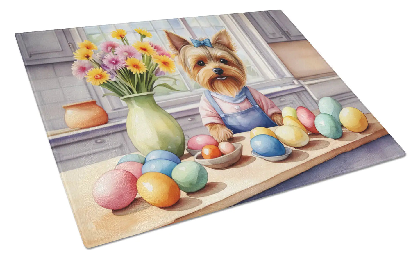 Decorating Easter Yorkshire Terrier Glass Cutting Board