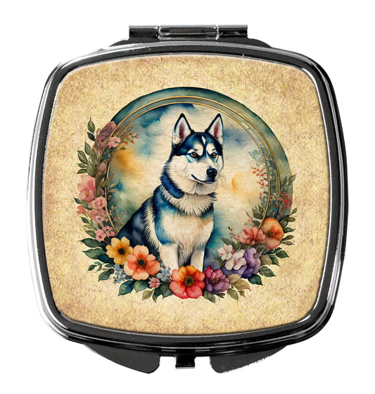 Siberian Husky and Flowers Compact Mirror