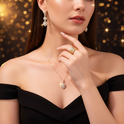 Gold-toned ring with stacked band look and small clear stones near collarbone