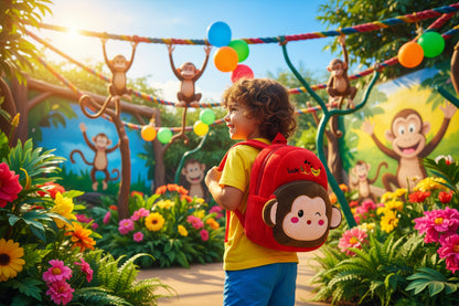 Red plush animal schoolbag with monkey face patch and rounded top handle