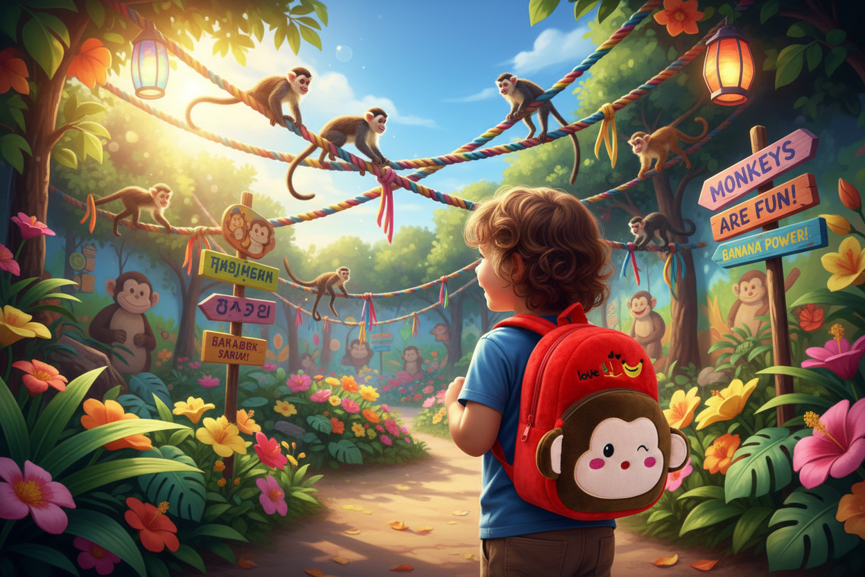 Red plush monkey schoolbag with smiling face patch on front