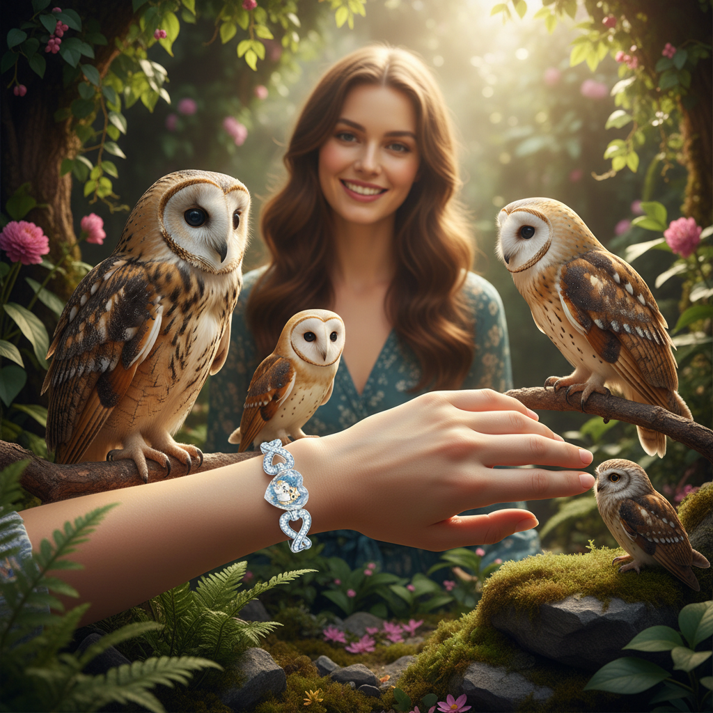 Owl heart pendant and bracelet set with blue glass owl charm