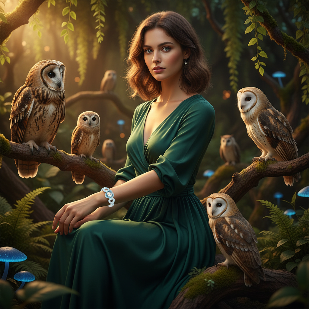 Blue heart owl pendant necklace and matching bracelet on a woman in a green dress