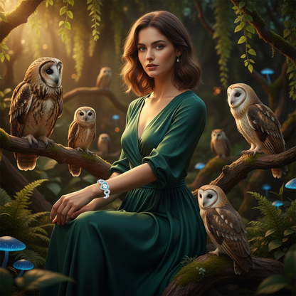 Blue heart owl pendant necklace and matching bracelet on a woman in a green dress