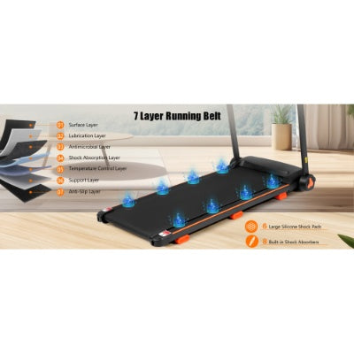 Black treadmill with cushioned running belt and blue shock-absorbing pads shown.