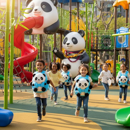 Blue plush panda children’s school bag backpack with cartoon panda face and small paws.