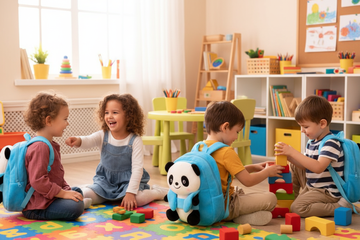 Blue plush panda children’s school bag backpack with cartoon panda face and ears.
