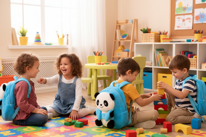 Blue plush panda children’s school bag backpack with cartoon panda face and ears.