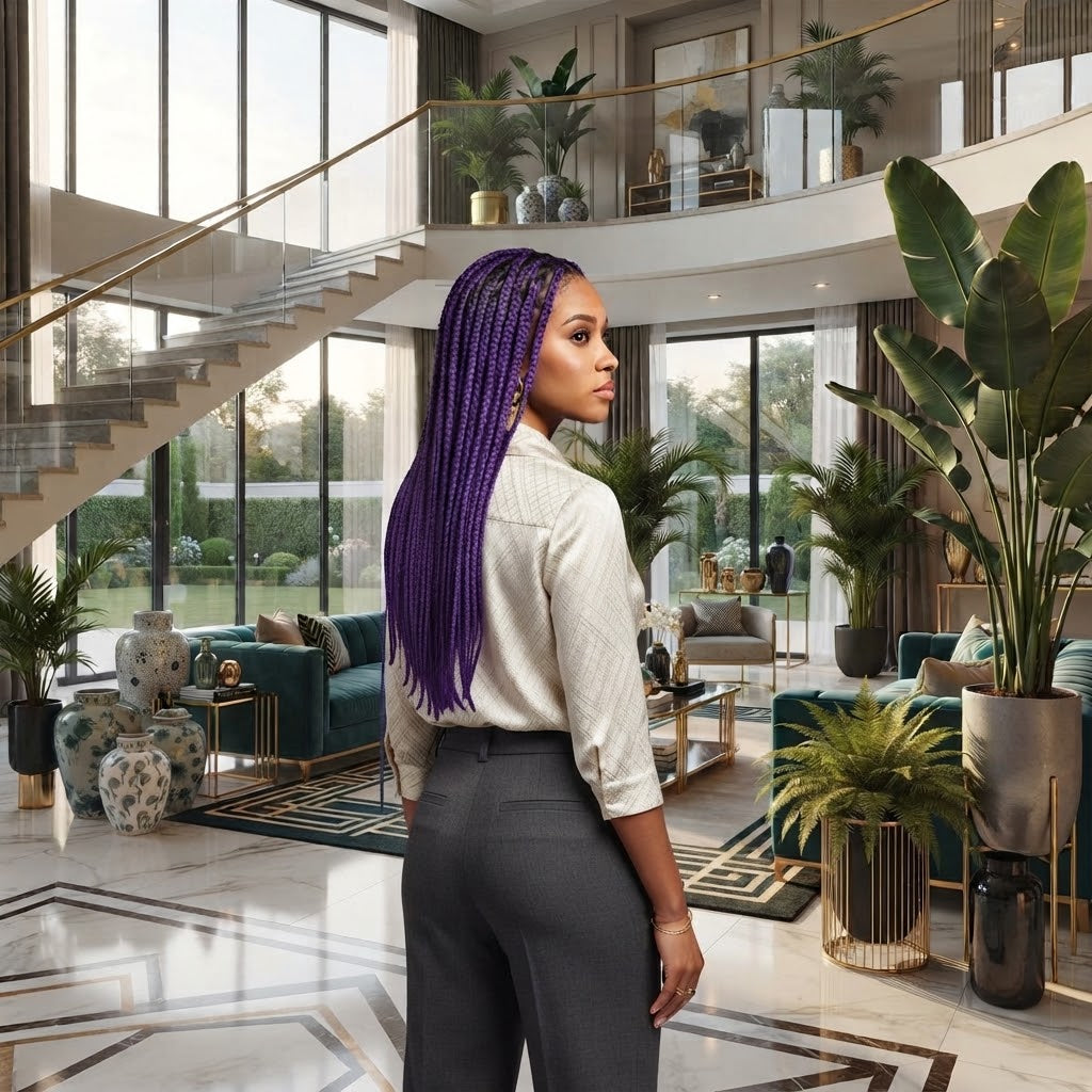 Purple long crochet braided hair with straight fringe, worn down