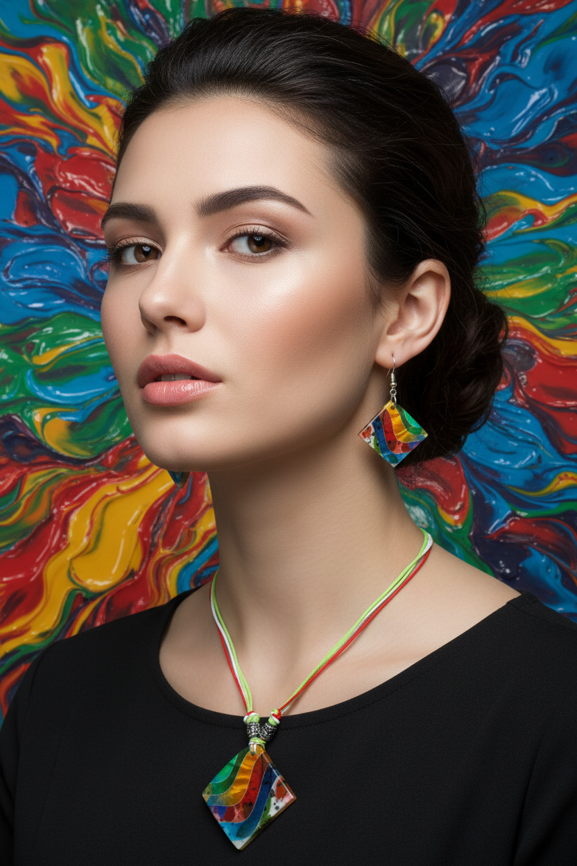 Shell necklace and earring set with kite-shaped multicolor pendant and teardrop earrings
