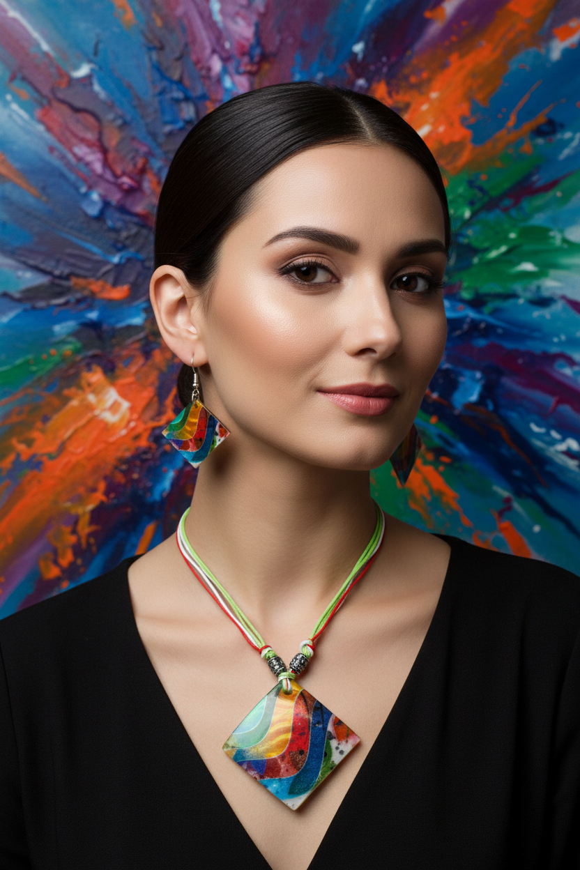 Shell necklace and earring set with kite-shaped multicolor pendant and matching teardrop earrings