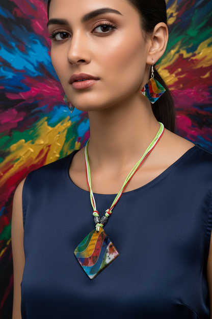 Shell necklace and earring set with large kite-shaped multicolor pendant and teardrop earrings