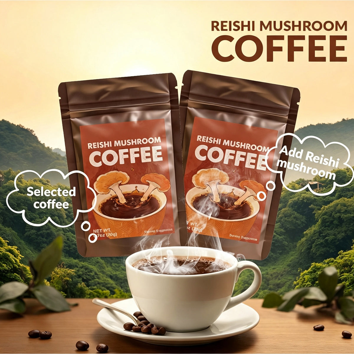 Reishi mushroom coffee sachet pack with cup of dark instant coffee