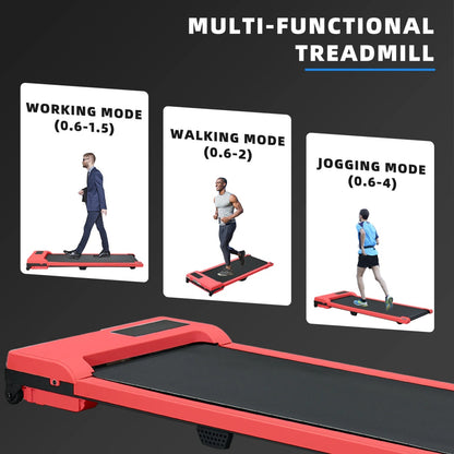 Red walking treadmill with black belt and console on a flat, folded frame