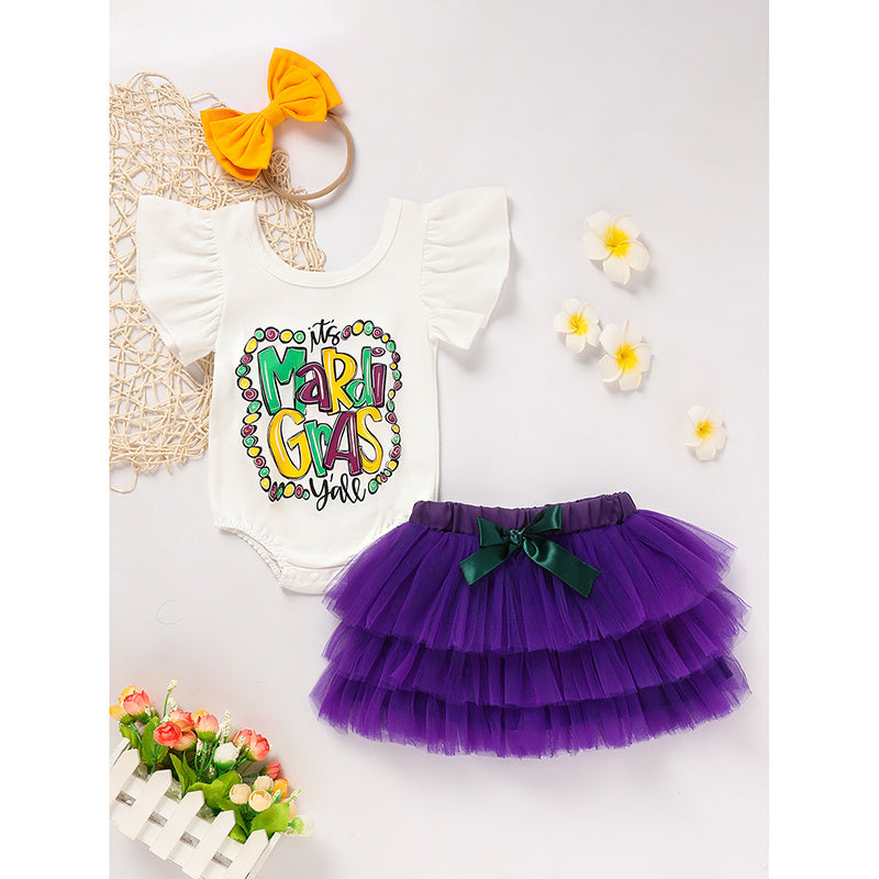 Baby Girls' Mardi Gras Outfit Set Ruffle Sleeve Letter Print Bodysuit, Mesh Tutu Skirt & Hairband