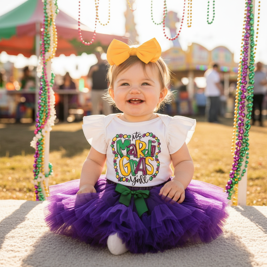 Baby Girls' Mardi Gras Outfit Set Ruffle Sleeve Letter Print Bodysuit, Mesh Tutu Skirt & Hairband