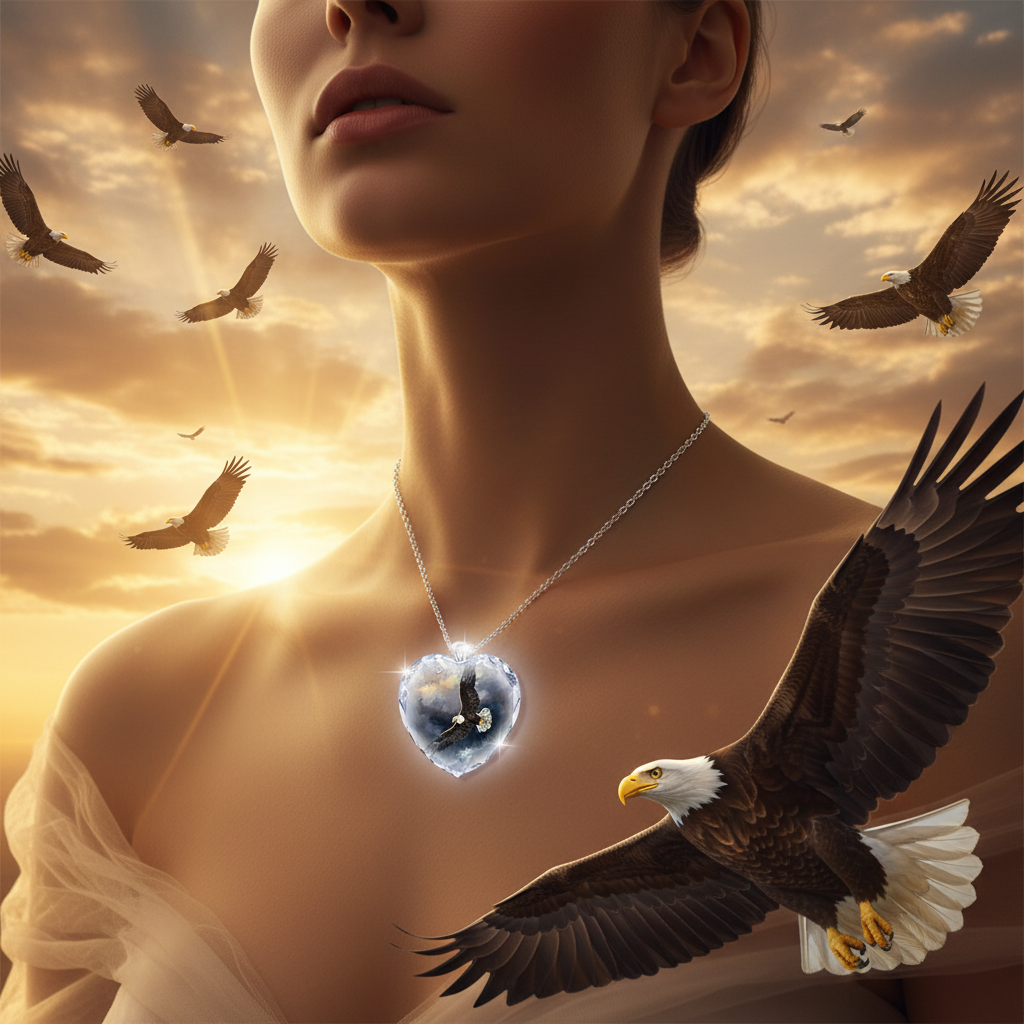 Silver chain bird pendant necklace with clear heart crystal and centered bird scene
