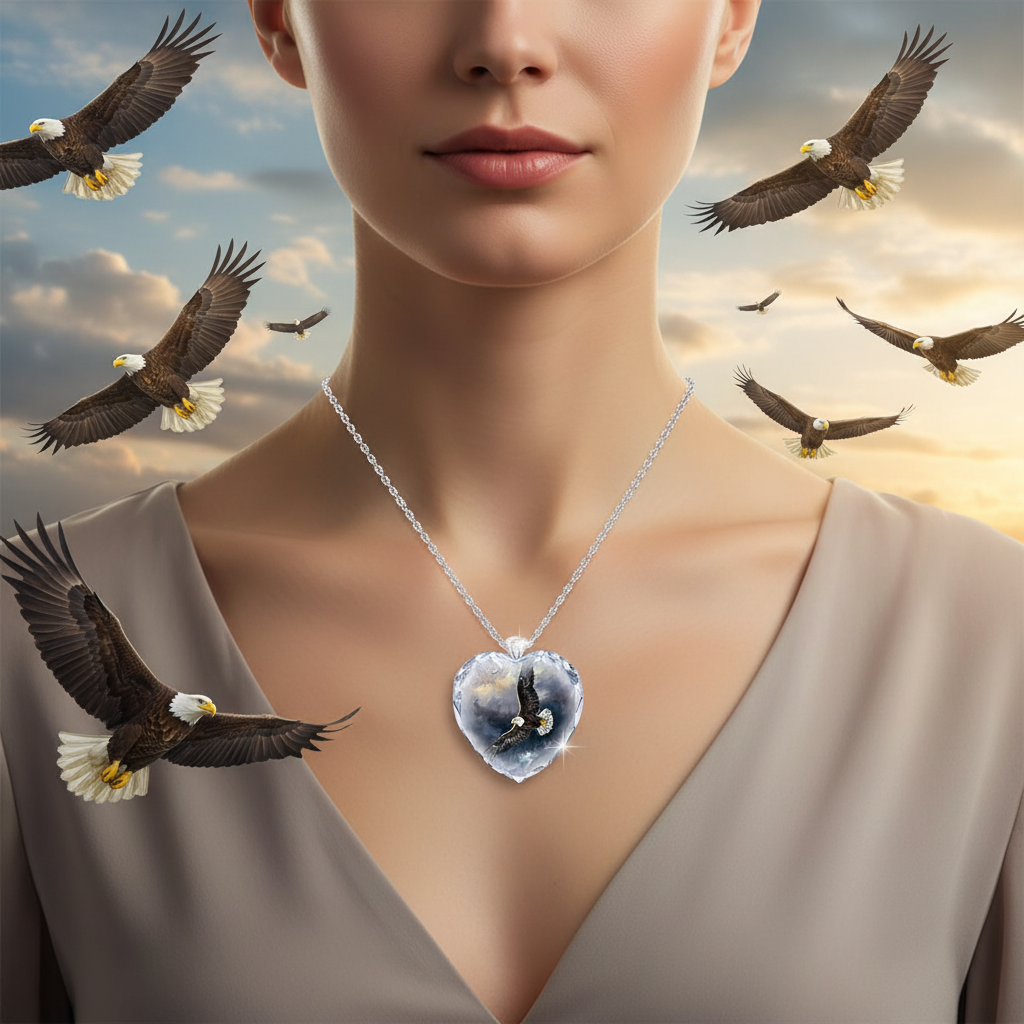 Silver chain bird pendant necklace with clear heart crystal and dark bird graphic