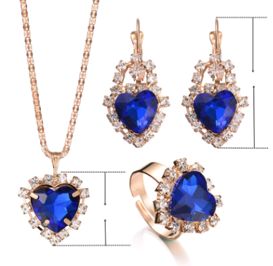 Water Drop Color Diamond Necklace, Earrings, Rings Set, Shiny High-end Bridal Jewelry