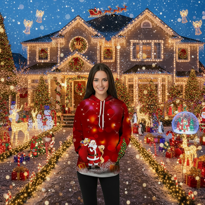 Christmas 3D Digital Print Casual Loose Fit Hooded Pullover Sweatshirt