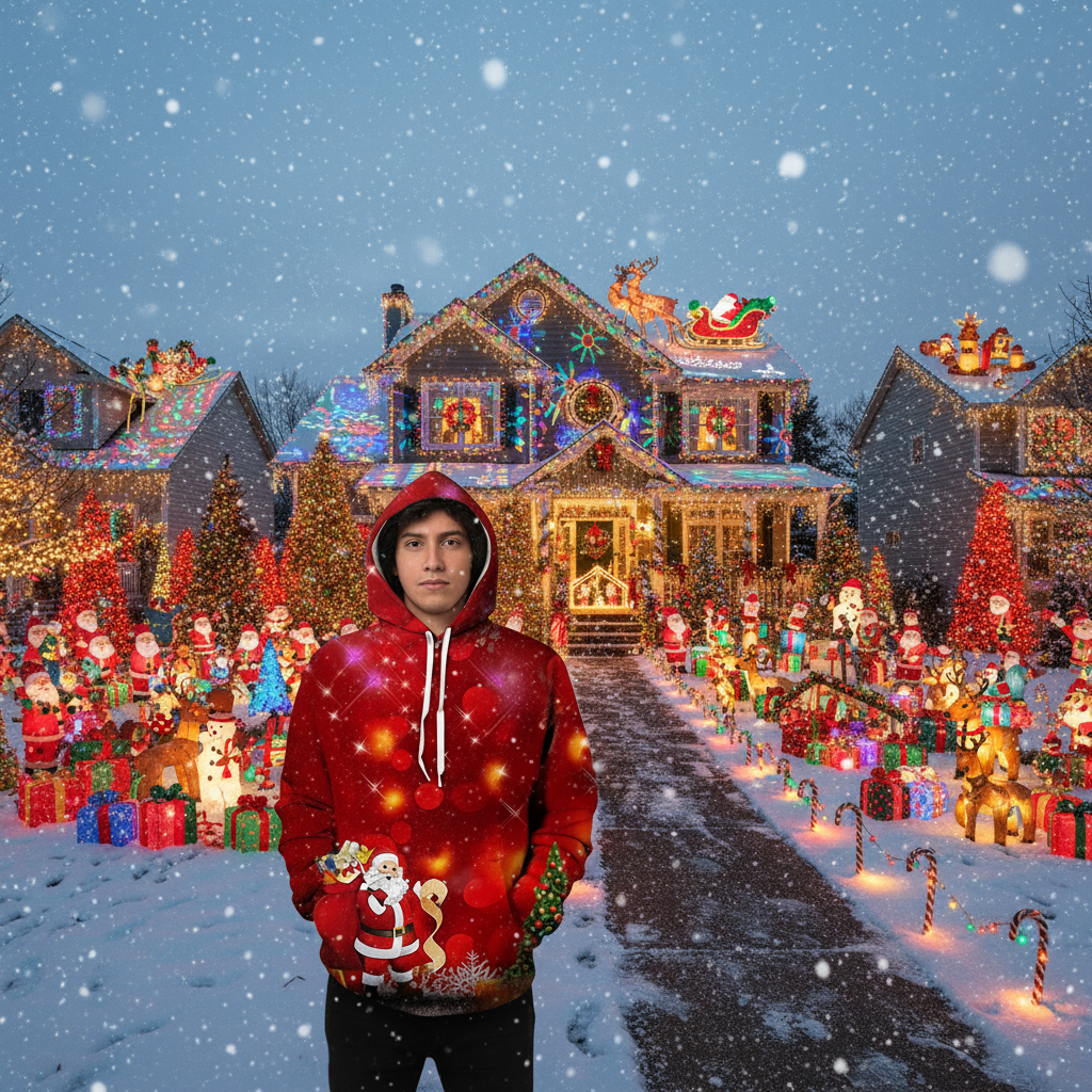 Christmas 3D Digital Print Casual Loose Fit Hooded Pullover Sweatshirt