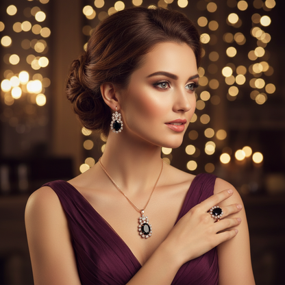 Water-drop crystal jewelry set with black teardrop pendant, drop earrings, and ring