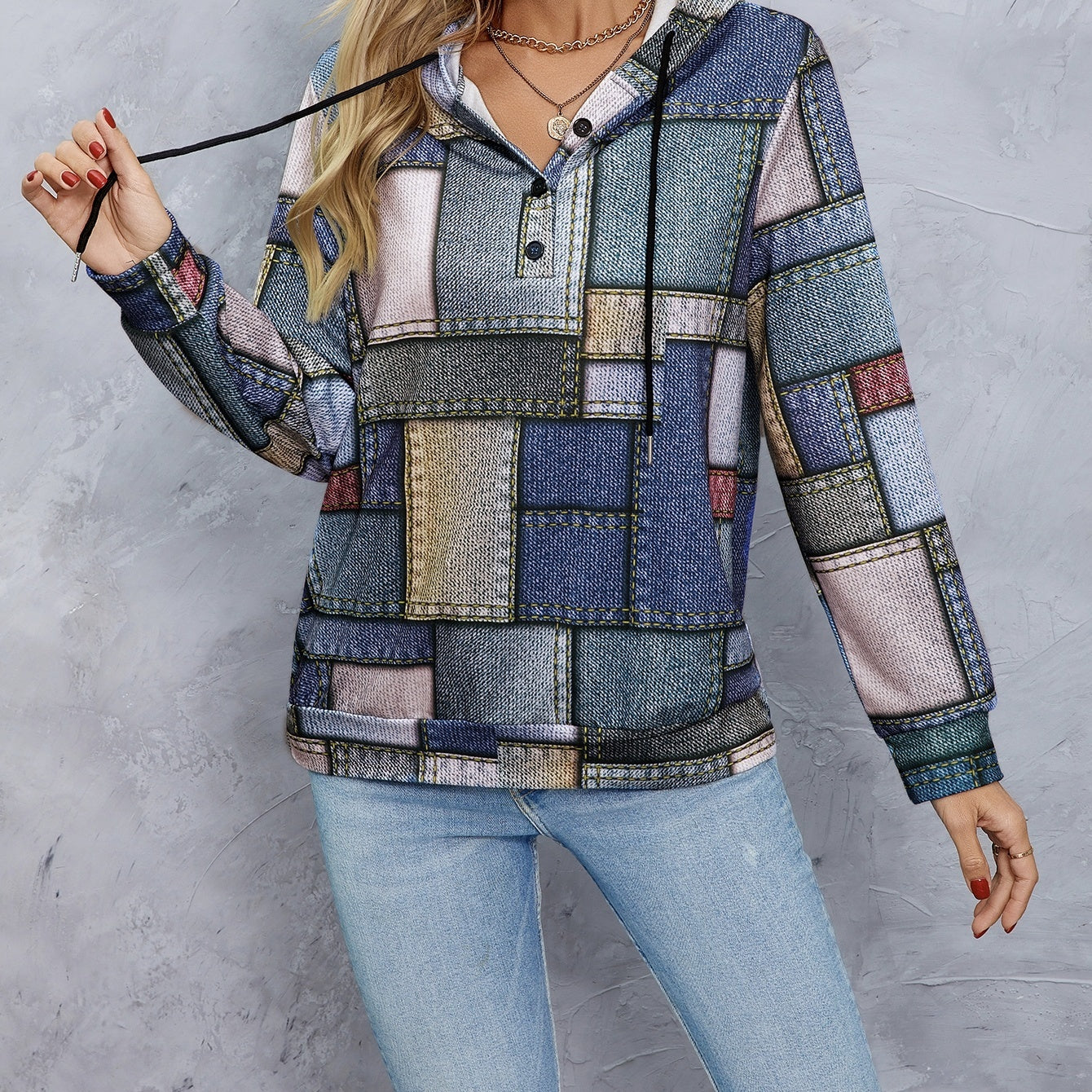 Women's Geometric Print Drawstring Fashionable Casual Hoodie Top