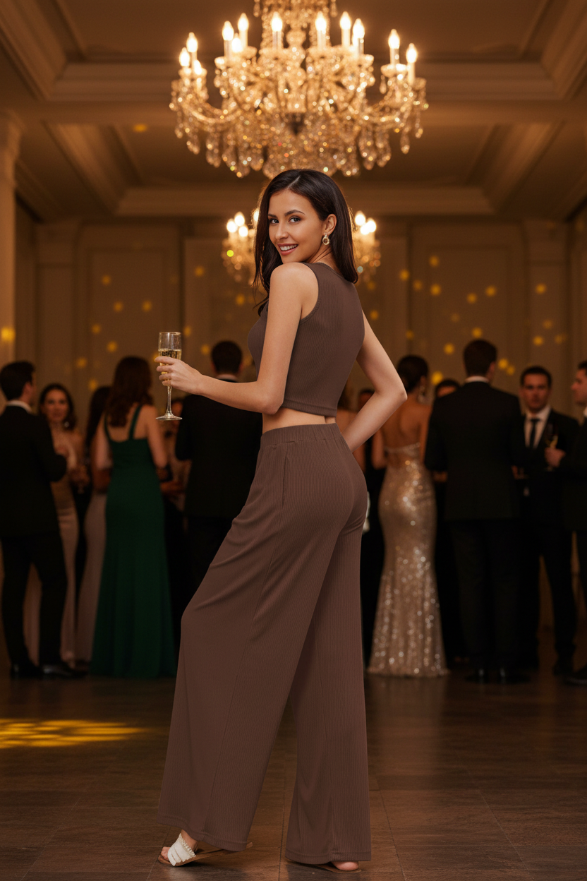 Coffee sleeveless crop top and wide-leg pants suit set