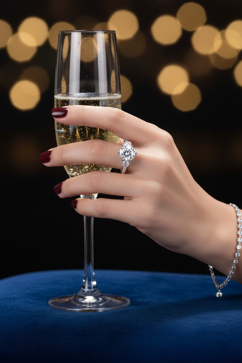 Silver moissanite halo ring with round center stone on finger, paired with bracelet