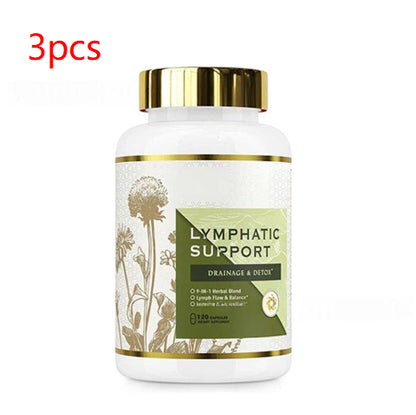 Lymphatic support capsules bottle with gold cap and green label, 3pcs text