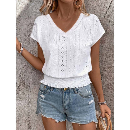 Women Summer Eyelet Top Casual V Neck Short Sleeve Smocked Shirts Loose Tunic Tops Blouses