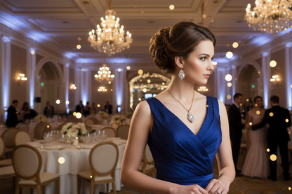 Bridal jewelry set with clear diamond-look pendant necklace, matching earrings, and ring