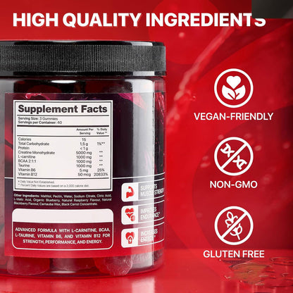 Creatine monohydrate gummy supplement jar label with supplement facts and vegan icon