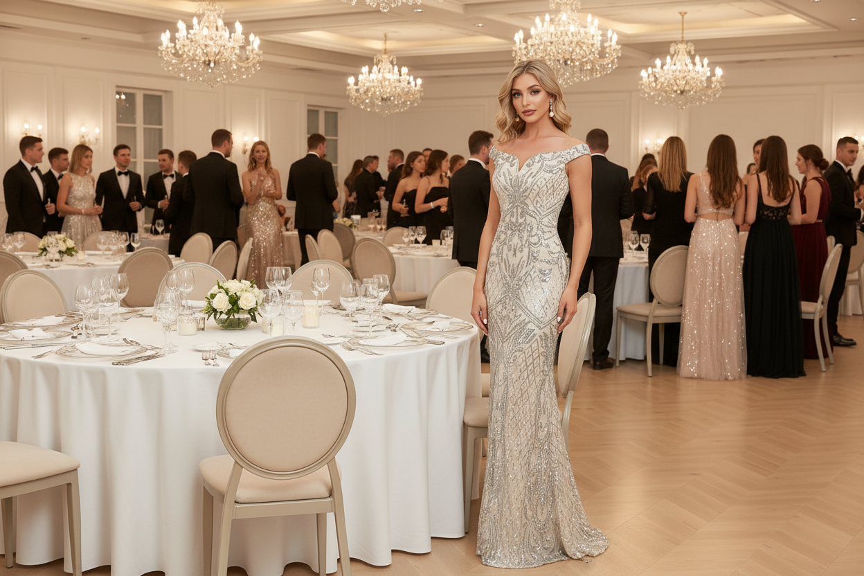 Ivory off-shoulder fishtail evening dress with cap sleeves and shimmering beadwork