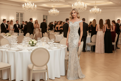 Ivory off-shoulder fishtail evening dress with cap sleeves and shimmering beadwork