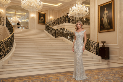 Creamy off-shoulder fishtail evening dress with cap sleeves and silver sequin pattern