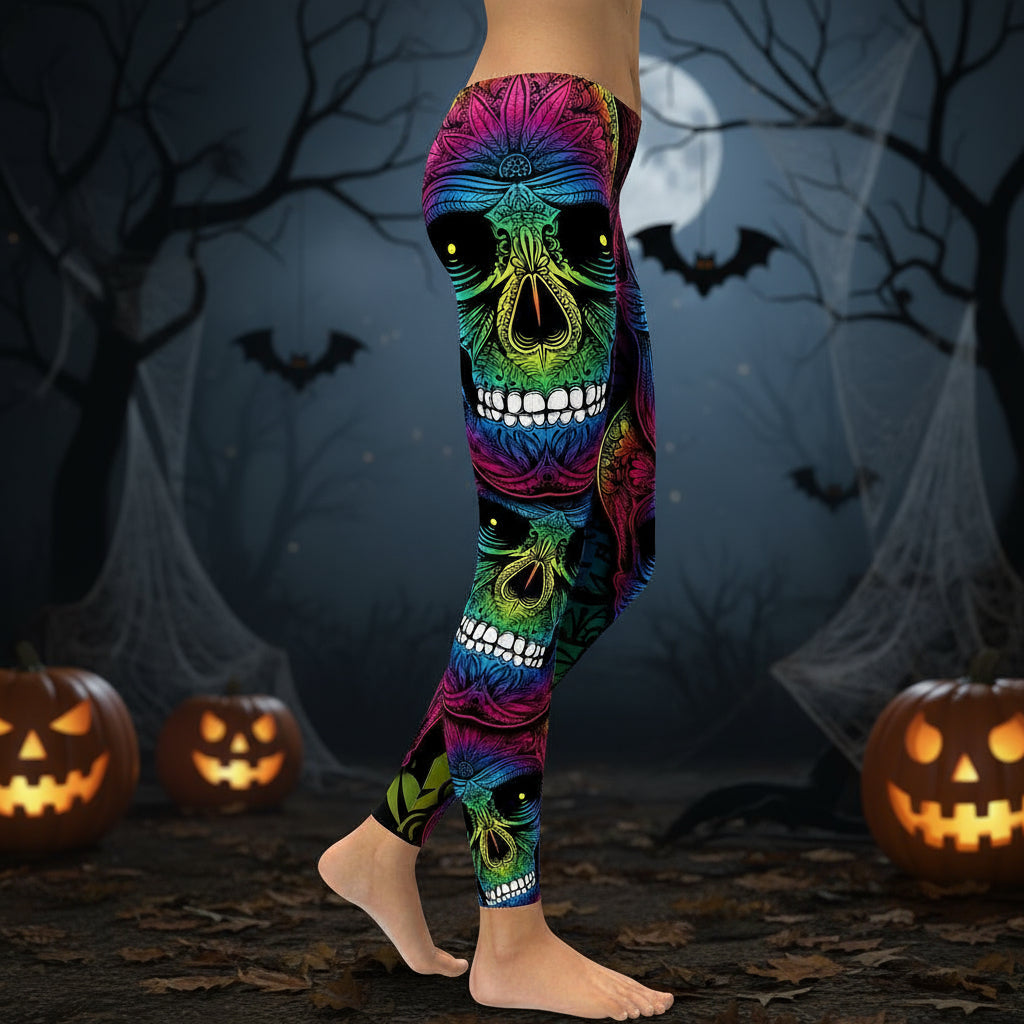 Rainbow Skull Women Plus Size Leggings Workout Casual High Waist Slim Leggings