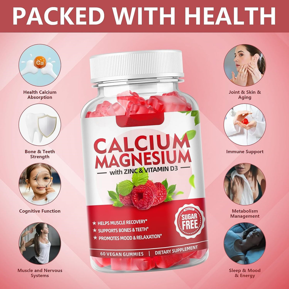 Calcium magnesium gummies bottle with zinc and vitamin D3; sugar-free label
